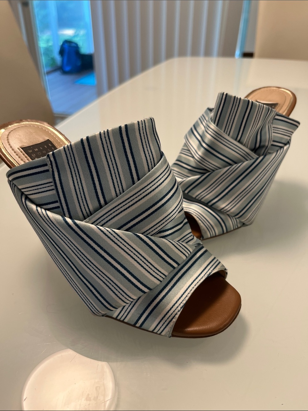 White House Black Market Navy and White Striped Knotted Slide Mules